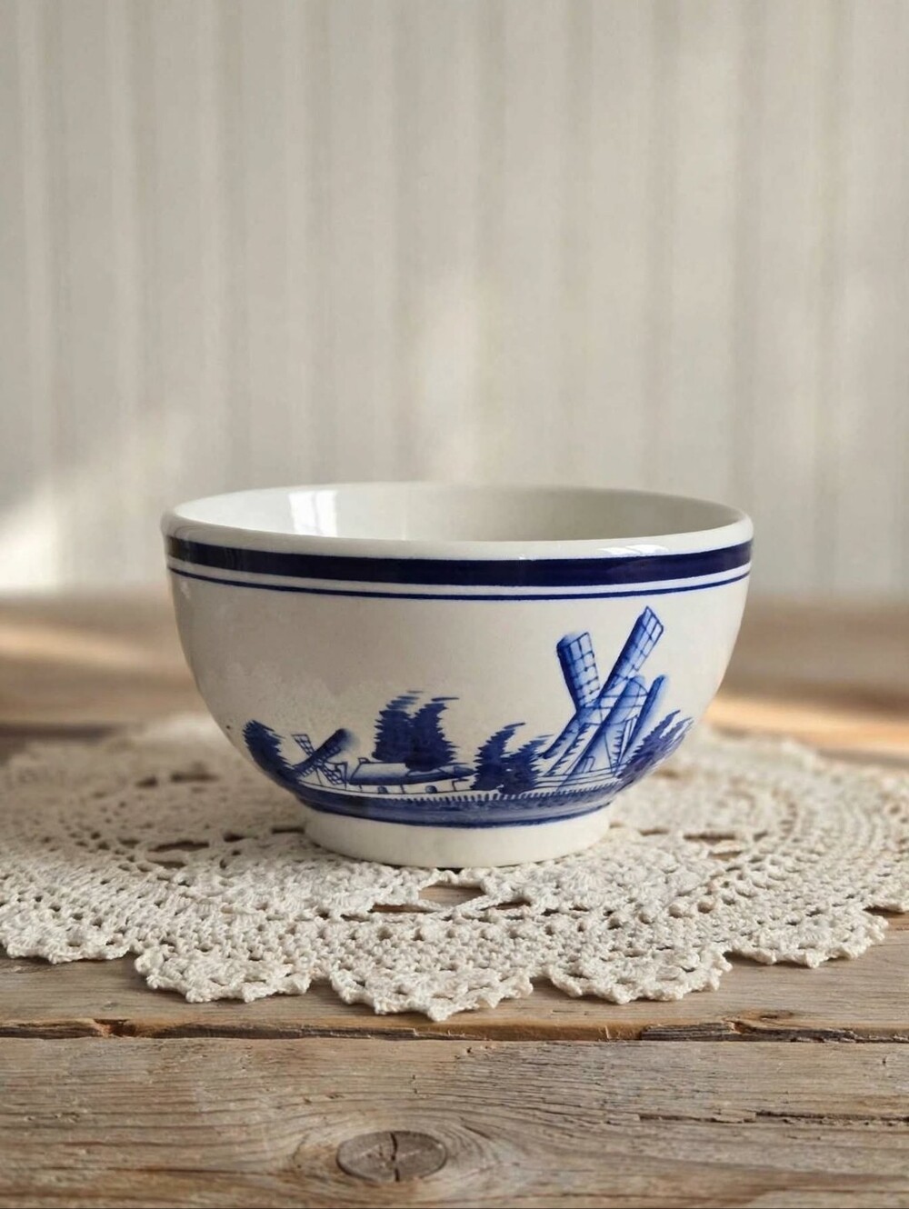Vintage Blue & White Windmill Motif Ceramic Bowl - Delft Style